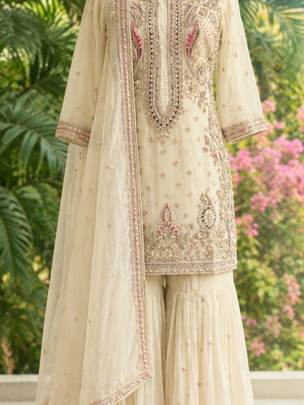 Embroidered Cream Women’s Dress with Dupatta